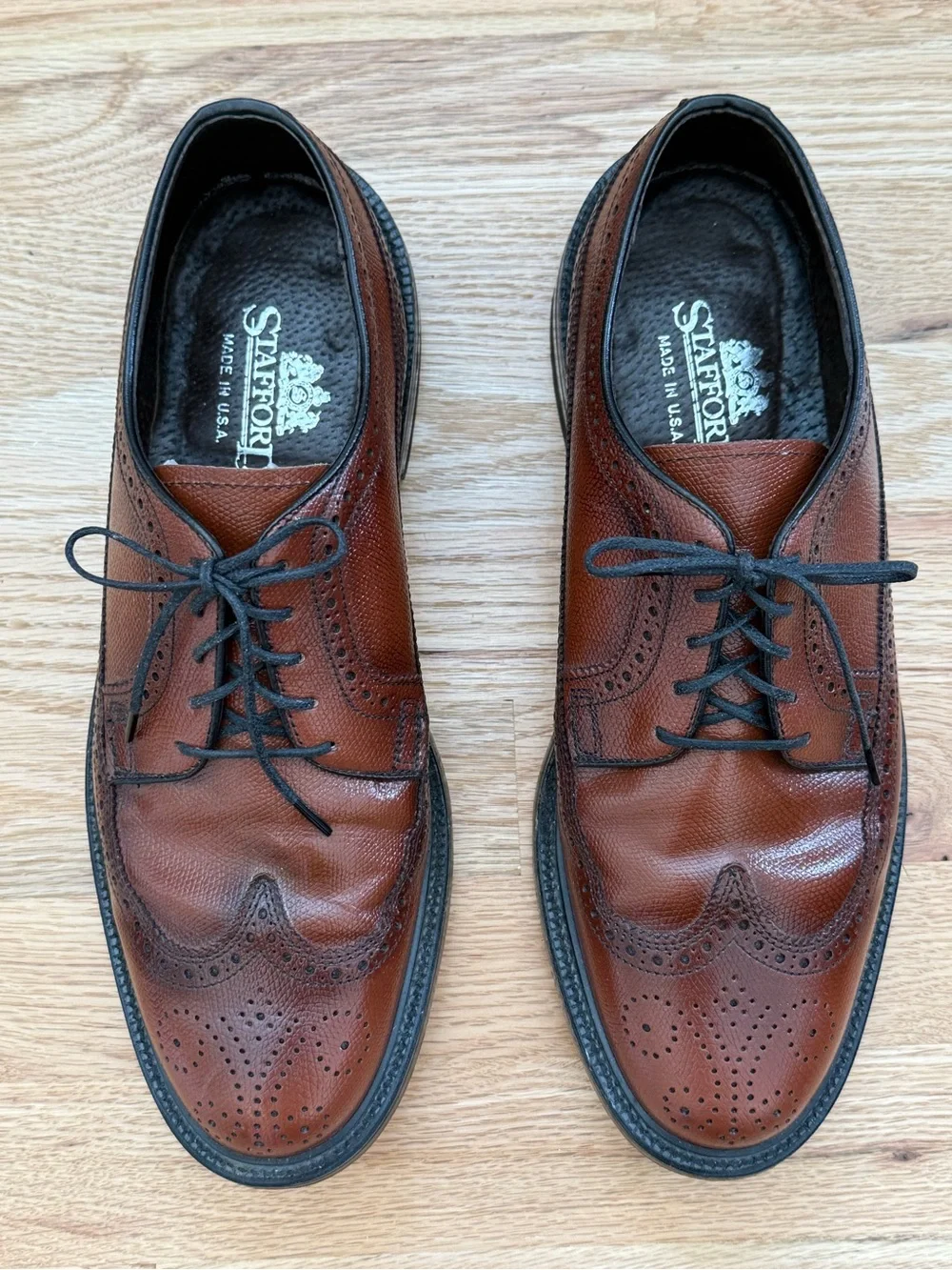 Men’s 10 3E STAFFORD Brown Leather Wingtip Derby Blucher Dress Shoes USA Made!